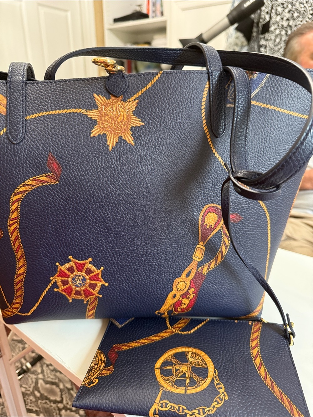 Lauren Ralph Lauren 16x10” navy nautical tote 16” x 10”.   Cosmetic bag. NWOT - Picture 2 of 9